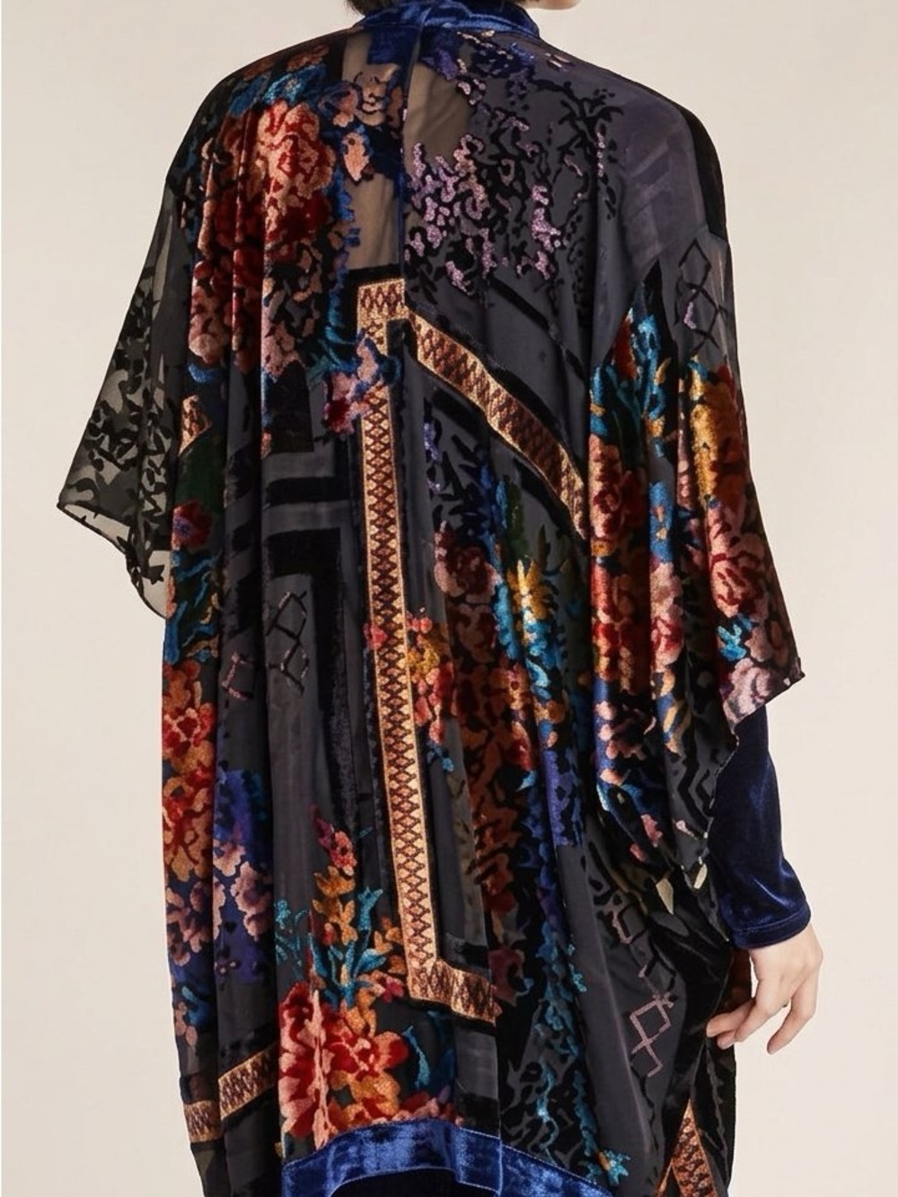 Akemi & Kin Black Floral Satin Maxi Kimono with Multicolor Accents